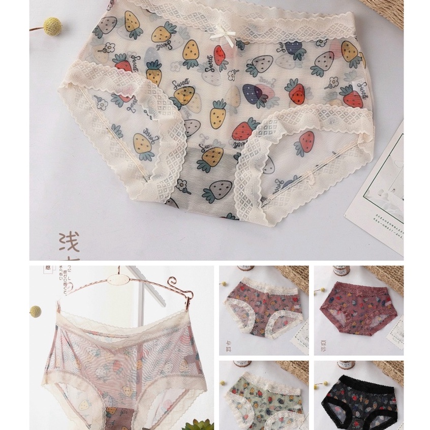 Quần Lót Lụa Viền Ren Phối Hoạ Tiết Hình Hoa Quả Cute