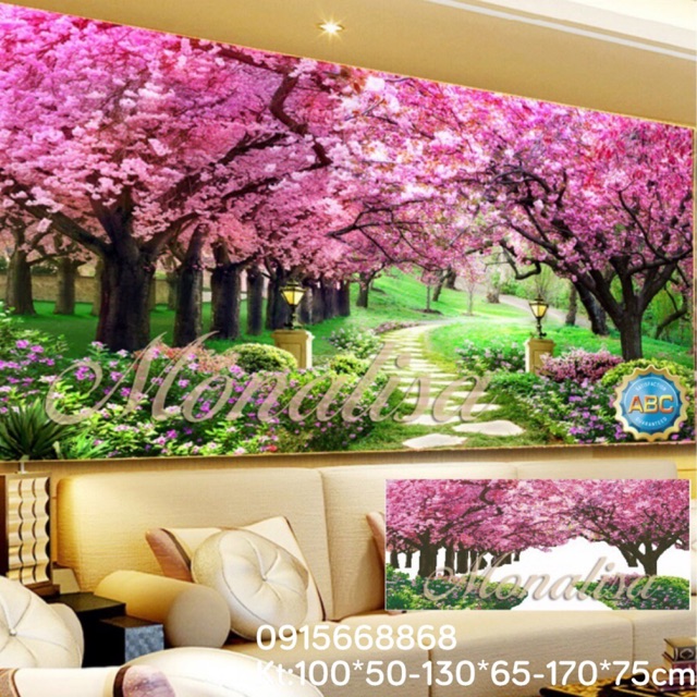 Tranh thêu 3d Phong cảnh hàng cây hoa tím kt 170-75cm