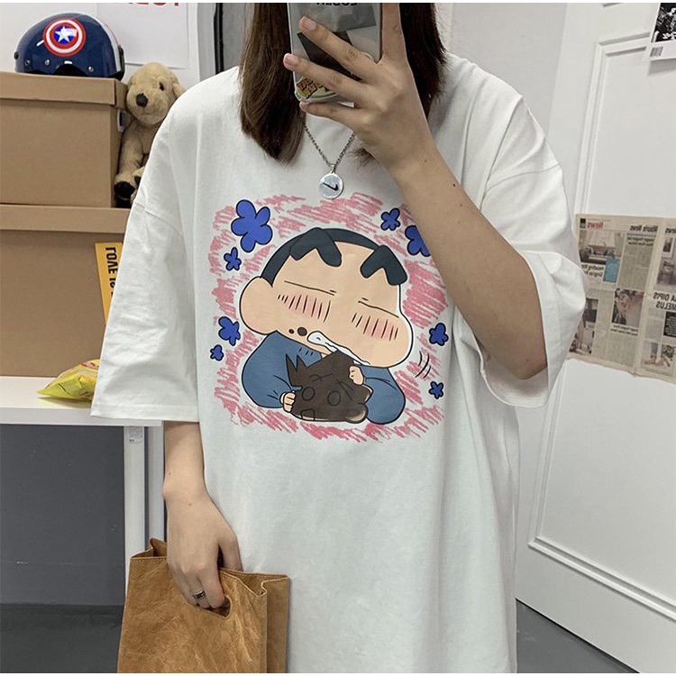 Áo phông unisex hình Shin, Áo thun freesize tay lỡ chất cotton cho nam nữ dưới 70kg