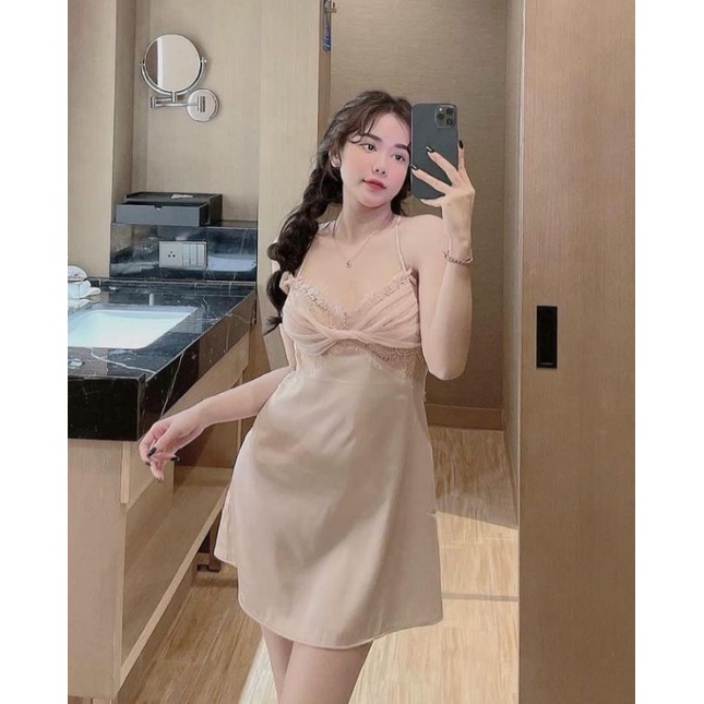 VN20 váy ngủ đầm ngủ lụa ren xoắn ngực
