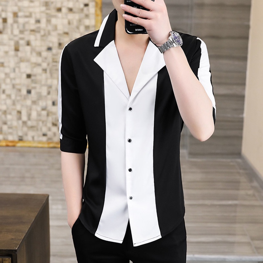 Áo sơ mi nam, Áo sơ mi dài 3/4 cổ chữ V, phối 2 màu chủ đạo đen trắng phong cách hàn quốc, lịch lãm sang trọng. Mã N12