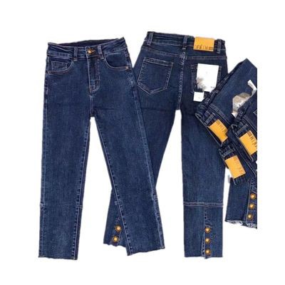 Quần ống đứng denim khóa nhỏ màu vàng đầu xuân 2021 Châu Âu quần yếm ống khói mỏng thời trang dành cho nữ