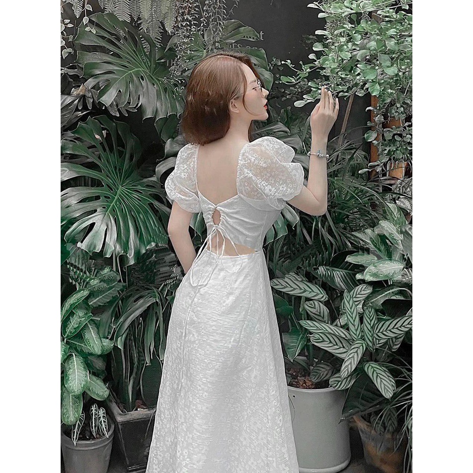 Đầm Midi Cổ Vuông Trắng Hoa Nổi Hở Lưng Dự Tiệc - D0602