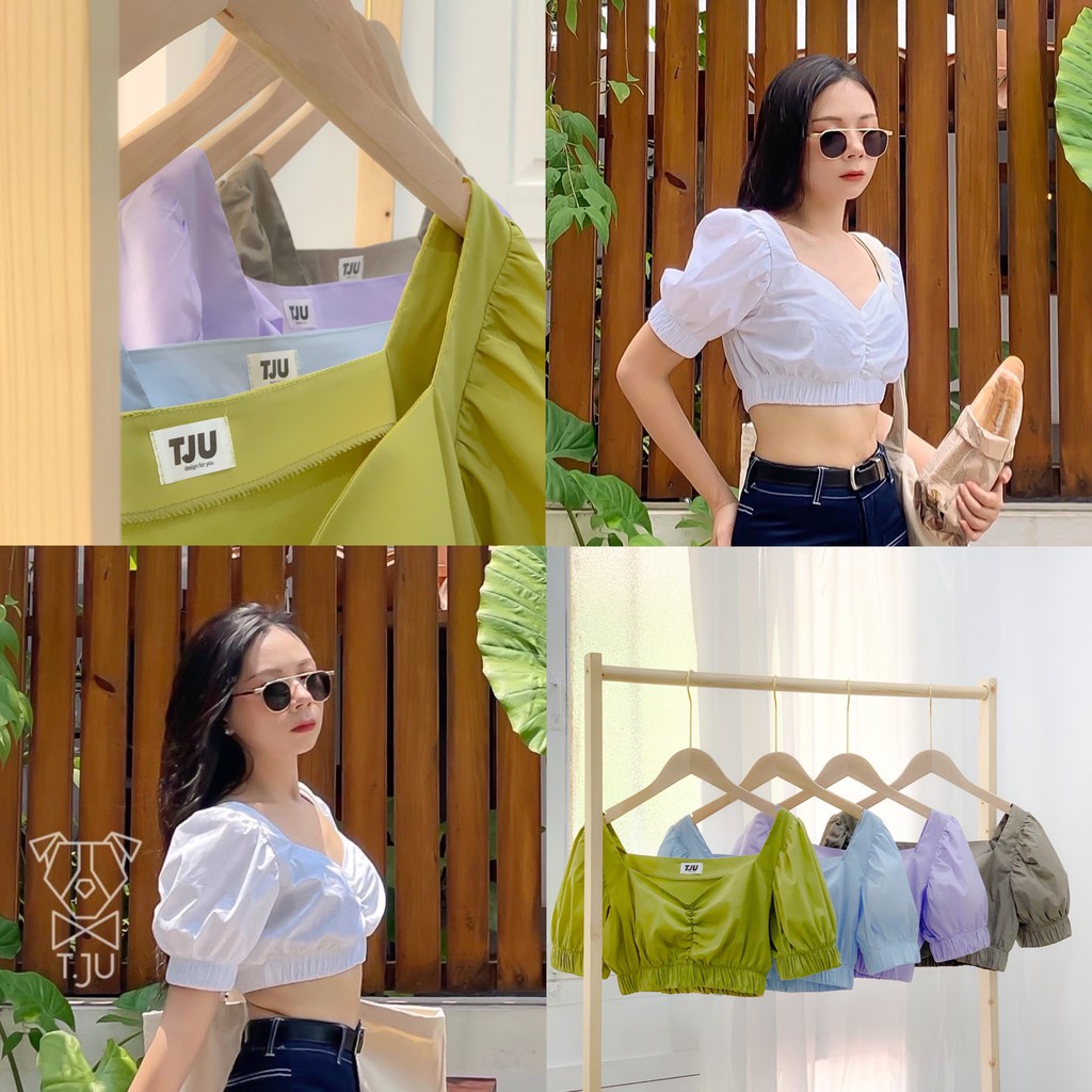 Áo croptop chun ngực tay bồng đẹp cổ V, dáng ngắn freesize ulzzang, Hàn Quốc, thiết kế T-Ju (diệp lục)