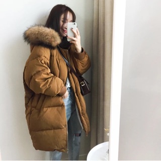 (ORDER) Áo khoác phao cổ lông dáng rộng dài 2 màu Nâu - Đen ❤️❤️❤️