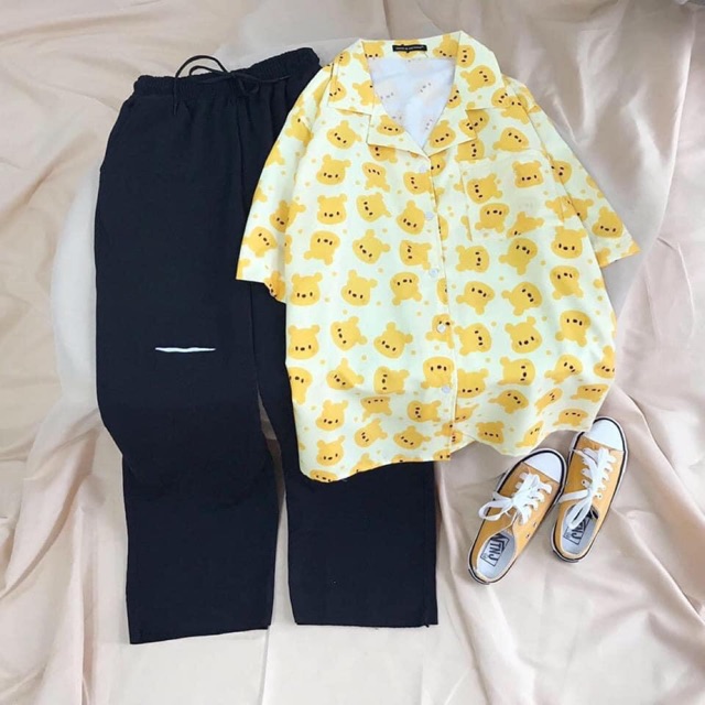 Set Sơmi Hoạ Tiết Unisex Long Pant Rách Gối Ảnh Thật
