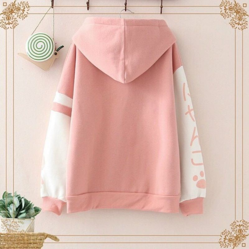 Áo Hoodie Nam & Nữ Hình Mèo Chữ Nhật Bản Mũ Dây Rút Form Dưới 58kg - Chất liệu vải nỉ lót bông mềm (Chọn màu Hồng, Xanh)