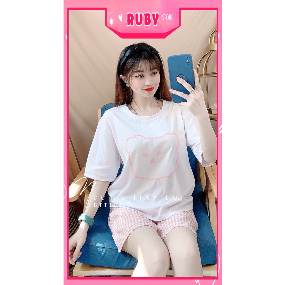Đồ bộ nữ mặc nhà chất thun mềm mịn mát in hình gấu phối quần caro dễ thương BTT109