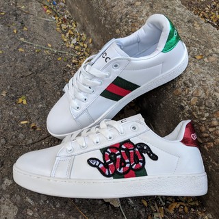 [KÈM HỘP MỘC] Giày Gucci thêu hình con rắn màu trắng