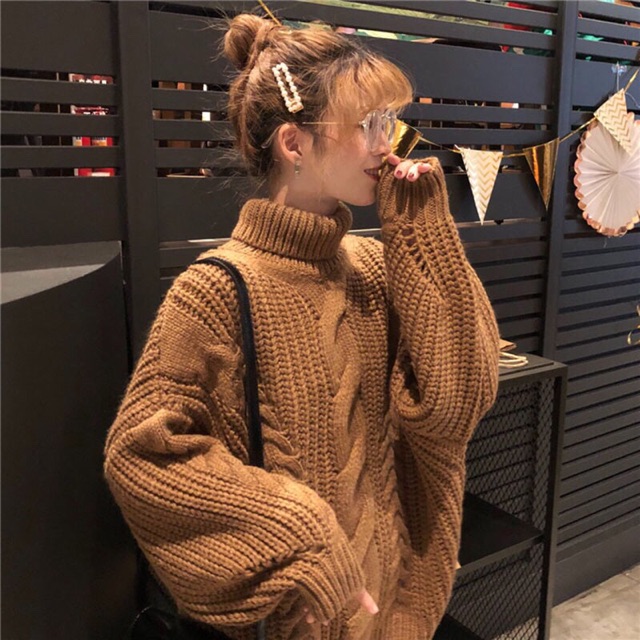 áo len ulzzang cao cổ dày áo len thừng cổ lọ gấp áo len nữ đẹp dáng rộng tay dài be nâu kiểu hàn quốc | BigBuy360 - bigbuy360.vn