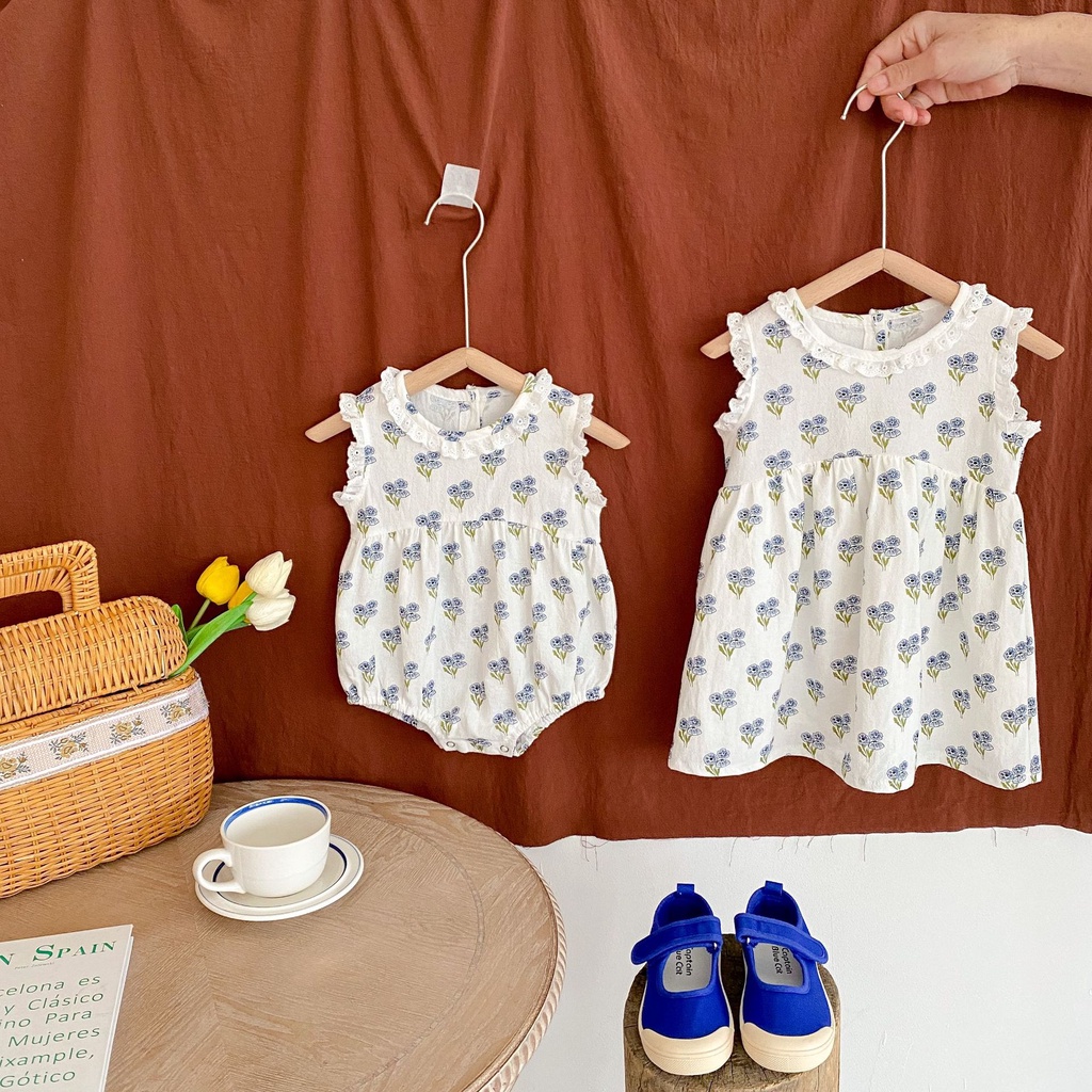Bộ Áo Liền Quần Sát Nách Vải cotton Phối Ren Hoa Dễ Thương Cho Bé Gái