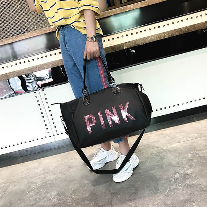Túi du lịch pink cao cấp 2 màu hồng đen size đại