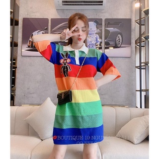 Đầm suông nữ chất liệu len thêu YUYAN QUẢNG CHÂU cao câp họa tiết sọc kẻ đáng yêu ( hình thật)