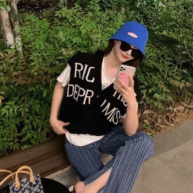 Áo dệt kim SUXI sát nách dáng rộng cổ chữ V in chữ phong cách Hàn Quốc thời trang mùa hè cho nữ