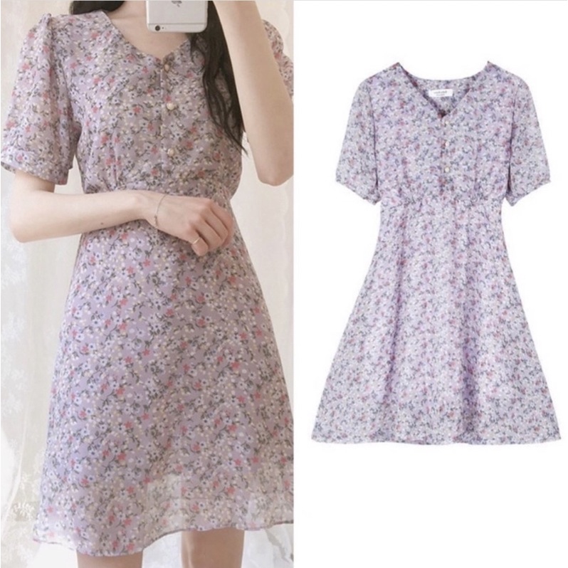 Đầm kiểu ngắn nữ voan rũ xoè hoa nhí tím tiểu thư - Order taobao quảng châu