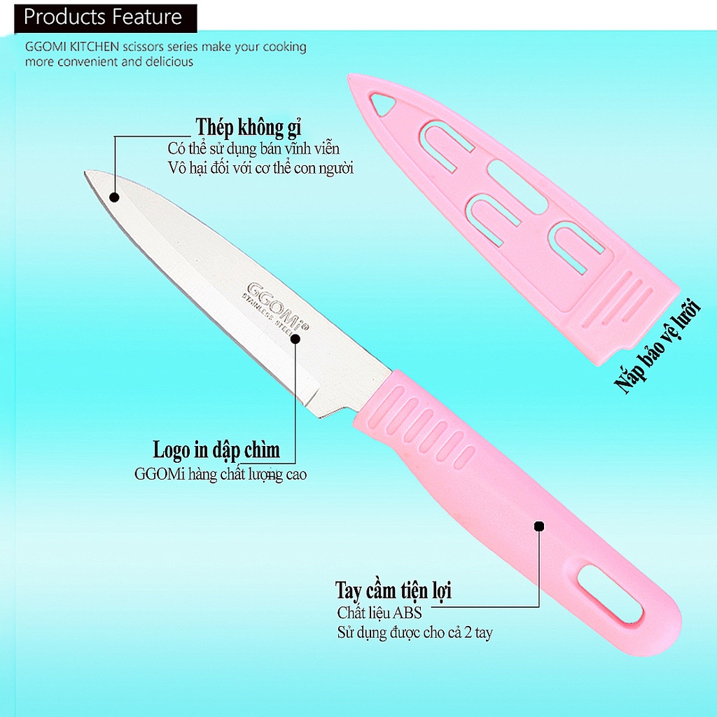 Dao gọt trái cây màu hồng có nắp bảo vệ dài 20.5cm, lưỡi dài 10.5cm, thép không gì GGOMi Hàn Quốc GG351