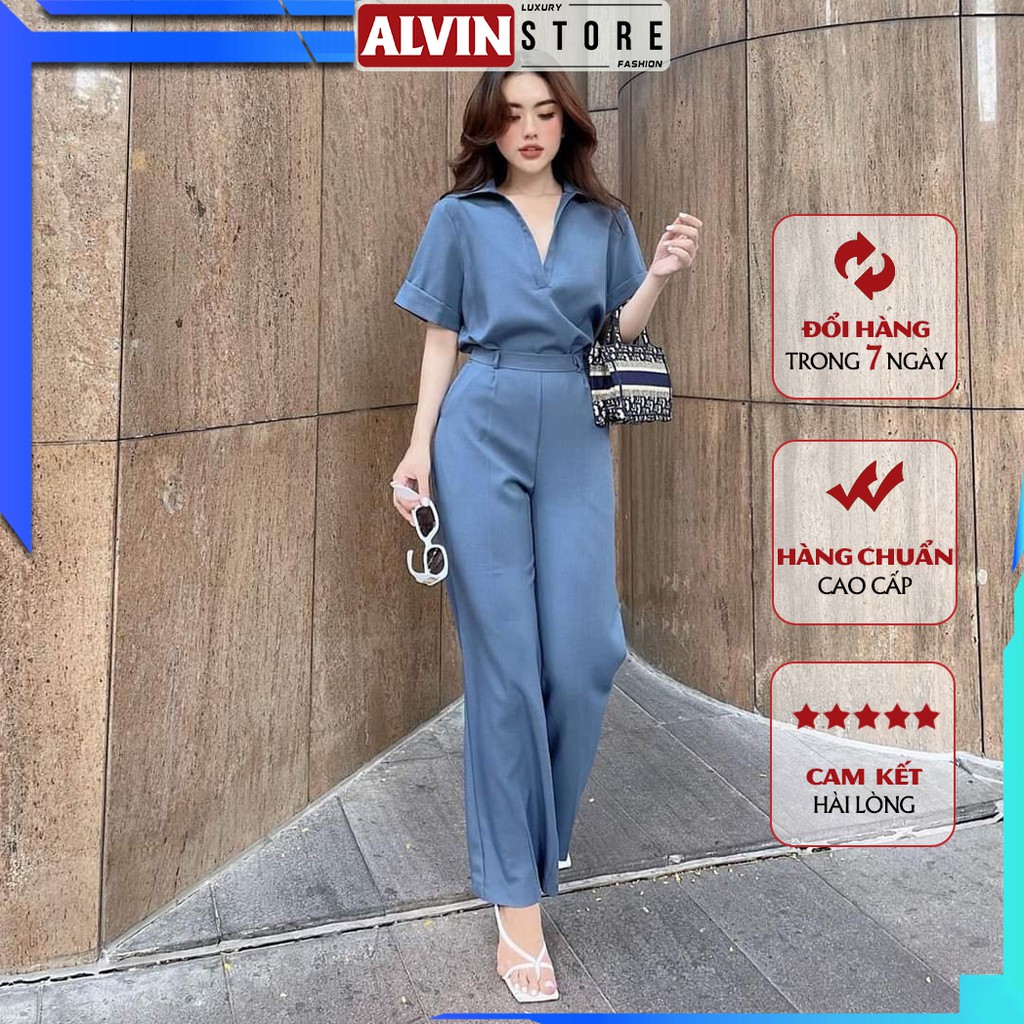 Set đồ jumsuit nữ, bộ quần suông ống rộng kèm áo sơ mi Alvinstore 0988