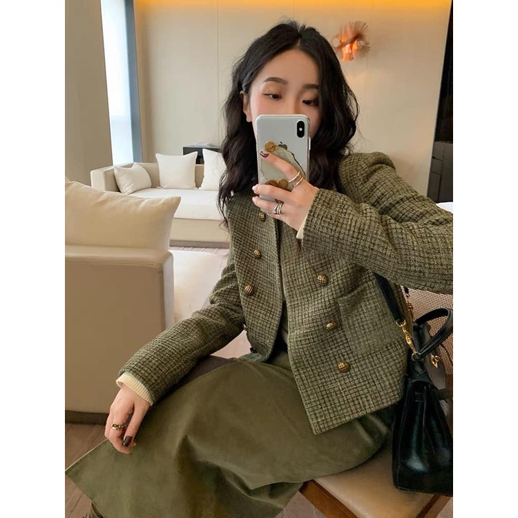 Áo khoác dạ vải tweed phong cách cổ điển RÊU cúc đồng thanh lịch