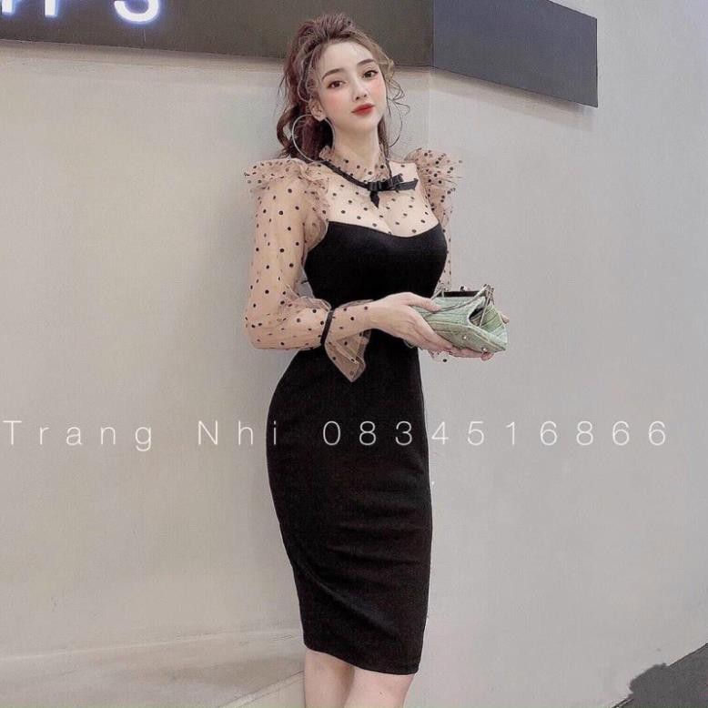 Đầm body 🌷FREESHIP 🌷Đầm body phối lưới bi dài tay Đẹp ྇