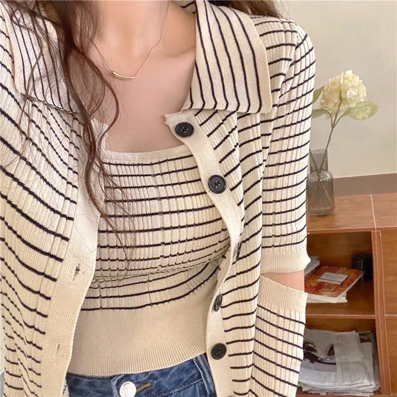 set áo len khuy cài cổ đức kèm áo sát nách sọc kẻ ngang (21287#) | BigBuy360 - bigbuy360.vn