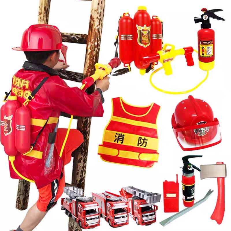 Lính cứu hỏa trẻ em Sam đồ chơi bình cứu hỏa súng nước mẫu giáo trình diễn trang phục mũ áo vest cứu hộ cậu bé mùa hè