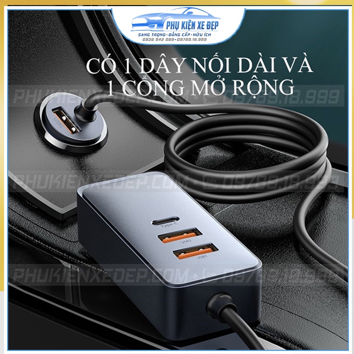 Tẩu sạc ô tô ⚡CAO CẤP⚡ Baseus 3 cổng USB 1 Type C có dây dài 120W sạc nhanh mở rộng BẢO HÀNH 6 tháng
