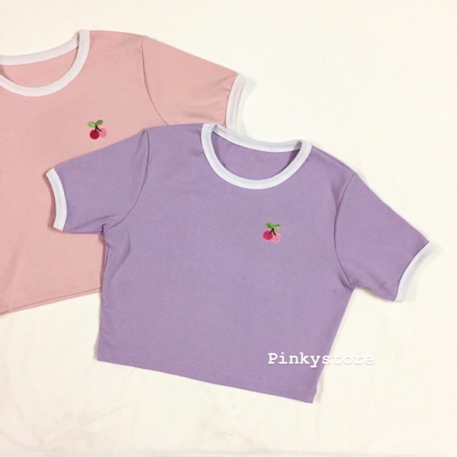 Áo croptop viền thêu cherry 2 màu