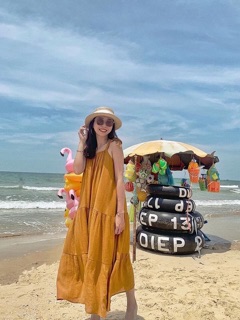Đầm maxi vàng 2s cột vai