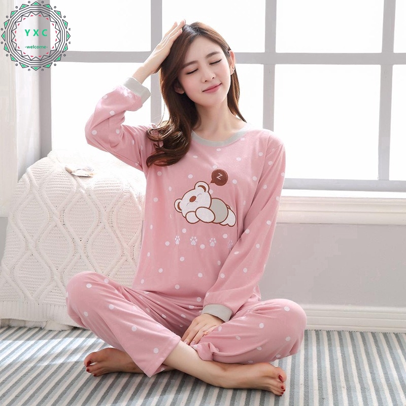 Bộ Đồ Ngủ Tay Dài In Họa Tiết Hoạt Hình Dễ Thương Kiểu Hàn Size M - 2XL Cho Nữ