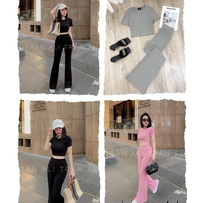 Sét bộ nữ áo kiểu croptop phối quần ống loe năng động cá tính