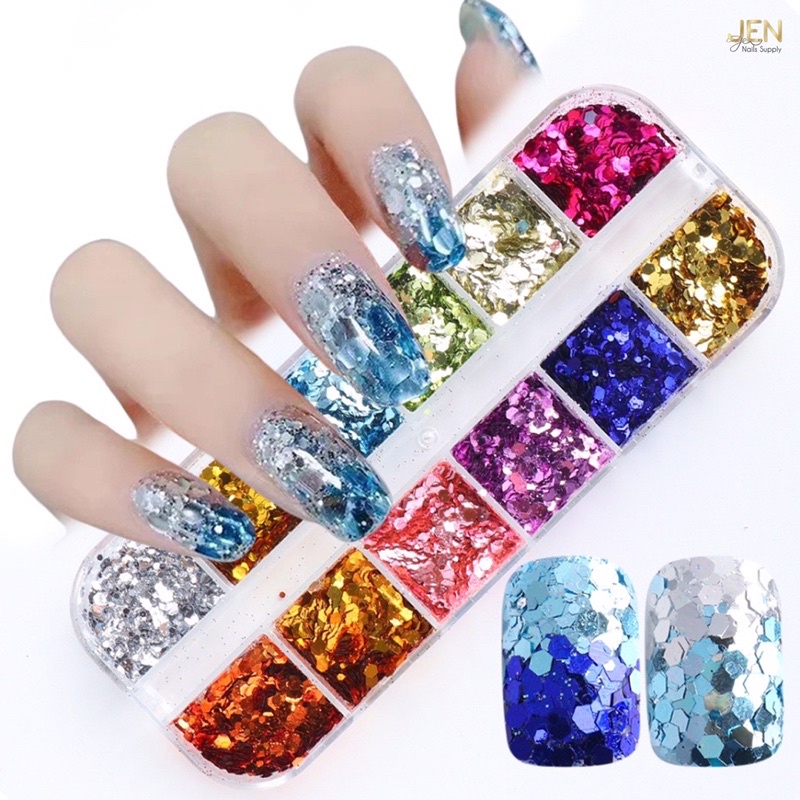 Nhũ kim tuyến lục giác 12 màu-phụ kiện nail móng