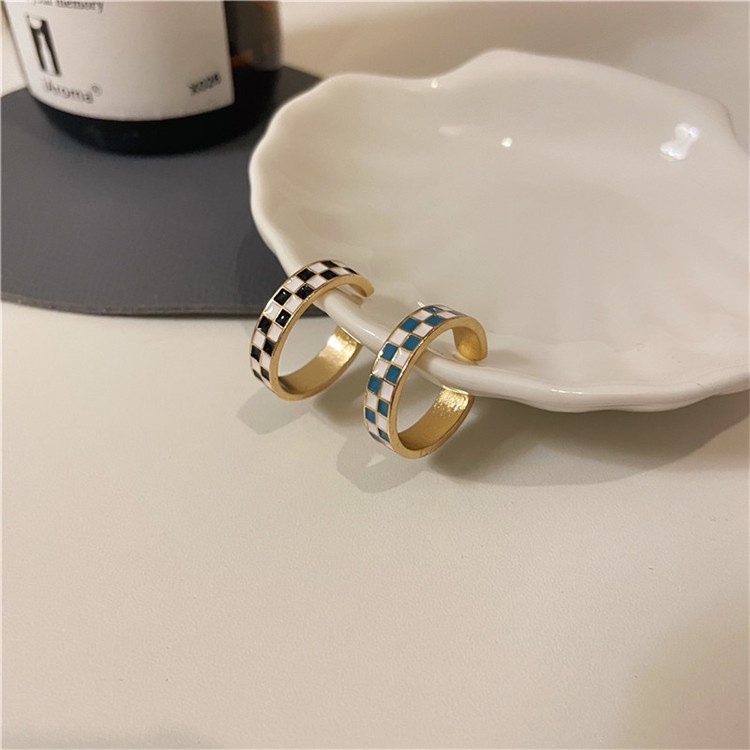 ✨✨Nhẫn đeo ngón tay họa tiết sọc ca rô màu đen/ màu xanh dương thiết kế dạng hở điều chỉnh được thời trang