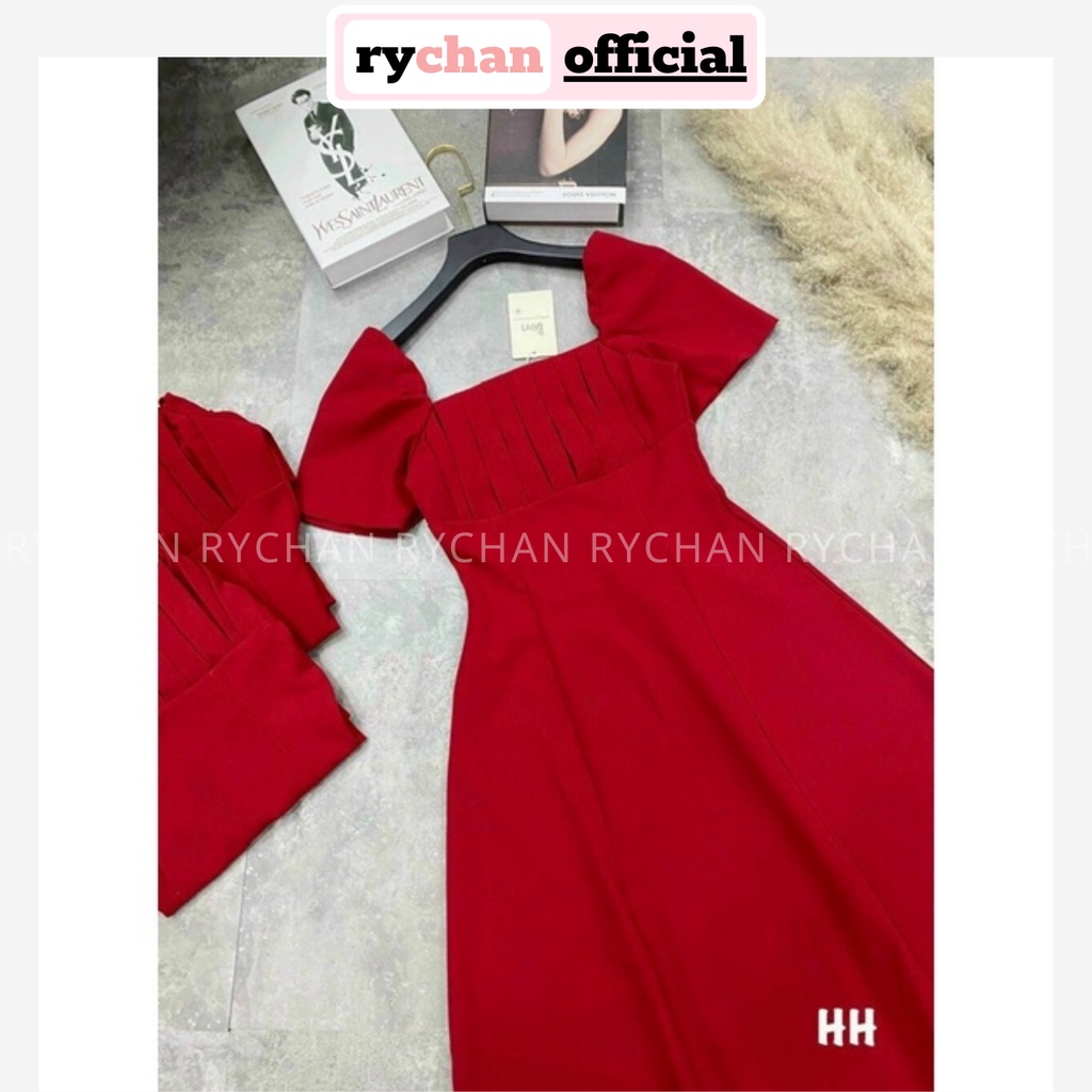 Đầm Nữ Dự Tiệc Cổ Vuông Xếp Li Ngực Thắt Eo Cực Màu Hồng Trắng Vàng Đỏ [ẢNH THẬT CUỐI] - DX9932