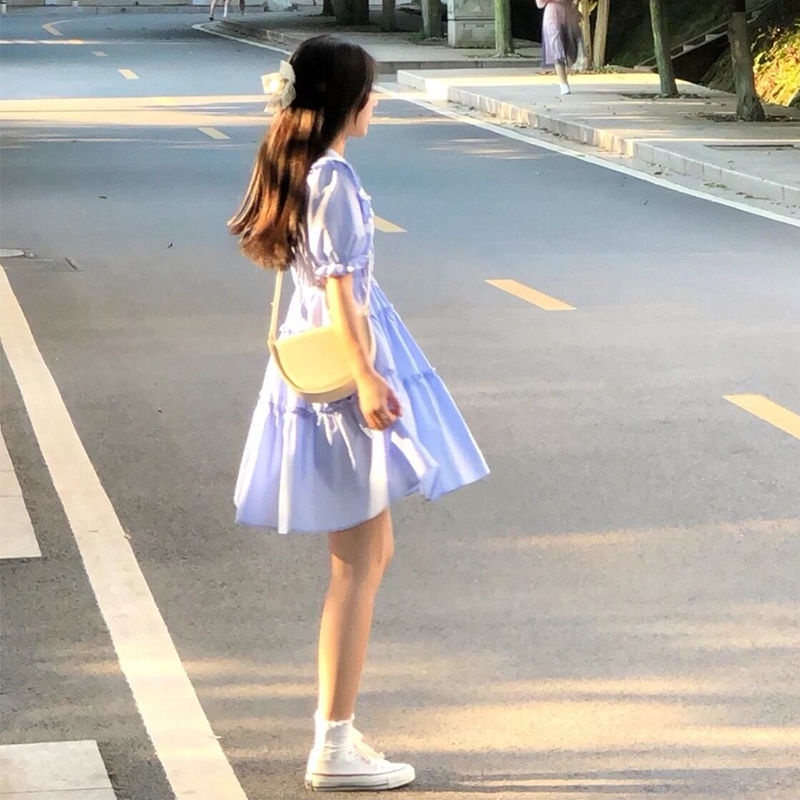 Đầm Tay Phồng Cổ Búp Bê Ghép Mảnh Màu Trơn Phong Cách Hàn Quốc Ngọt Ngào Dễ Thương Mùa Thu Dành Cho Bạn Nữ Sinh