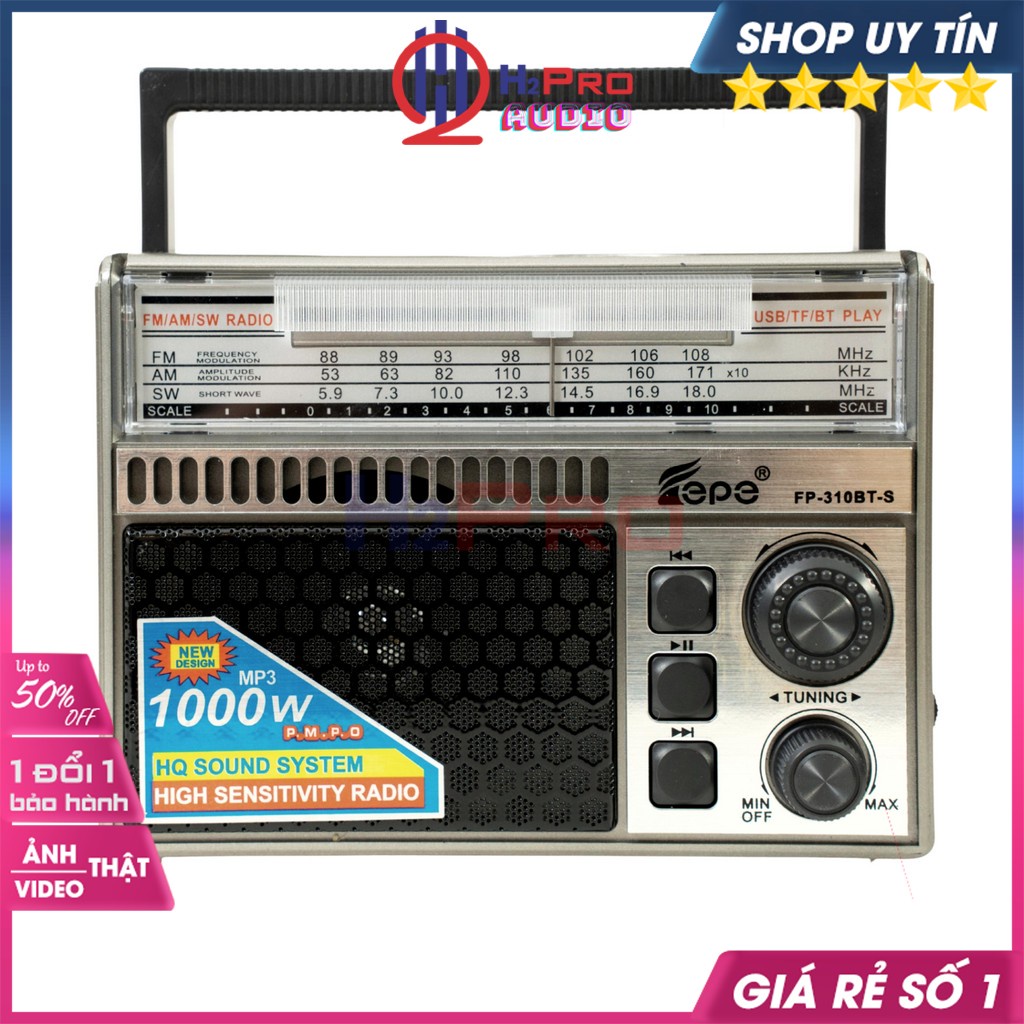 Đài Radio Fm-Am-Sw, Máy Nghe Nhạc Bluetooth Fepe Fp-310BT Usb-TF Cao Cấp, Tấm Sạc Mặt Trời, Quà 50k Pin Sạc-H2Pro Audio