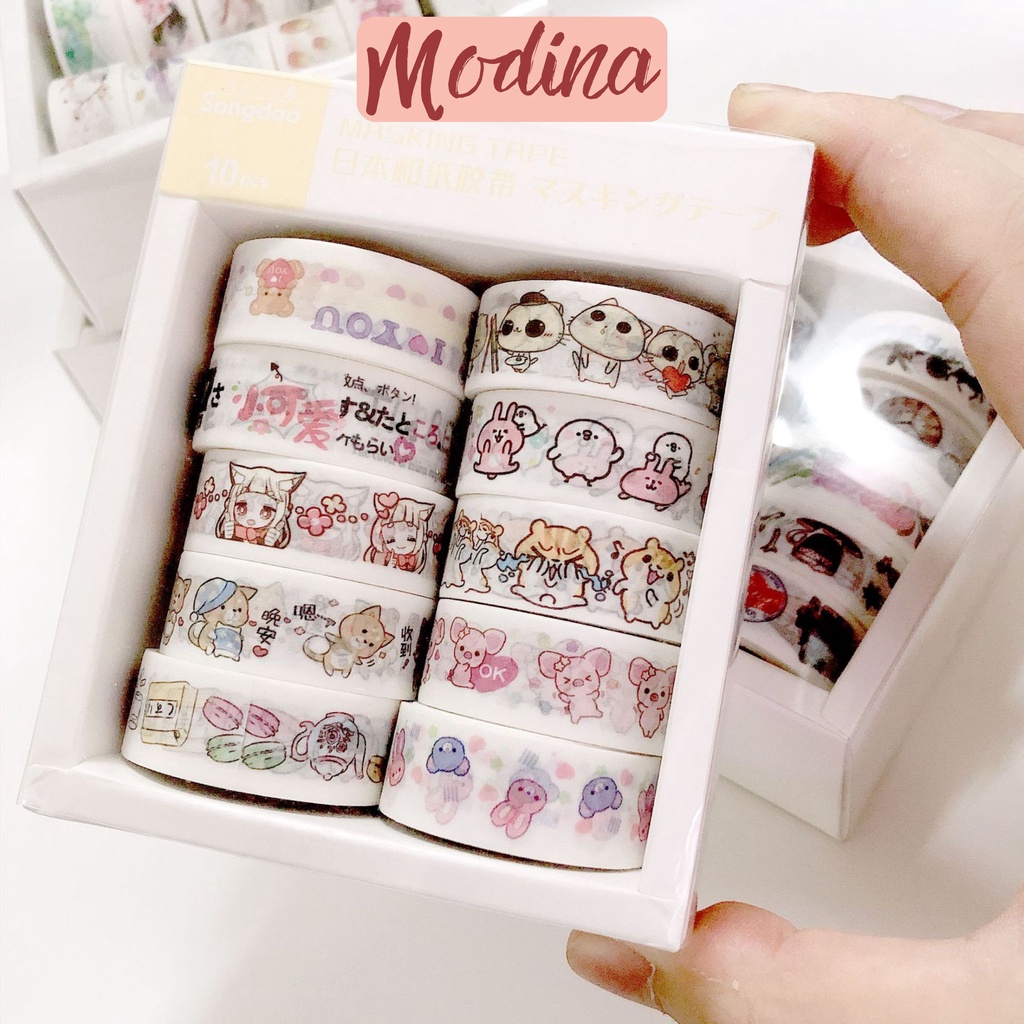 Set 10 cuộn washi tape caro trang trí hoạt hình cute ngộ nghĩnh hàn quốc