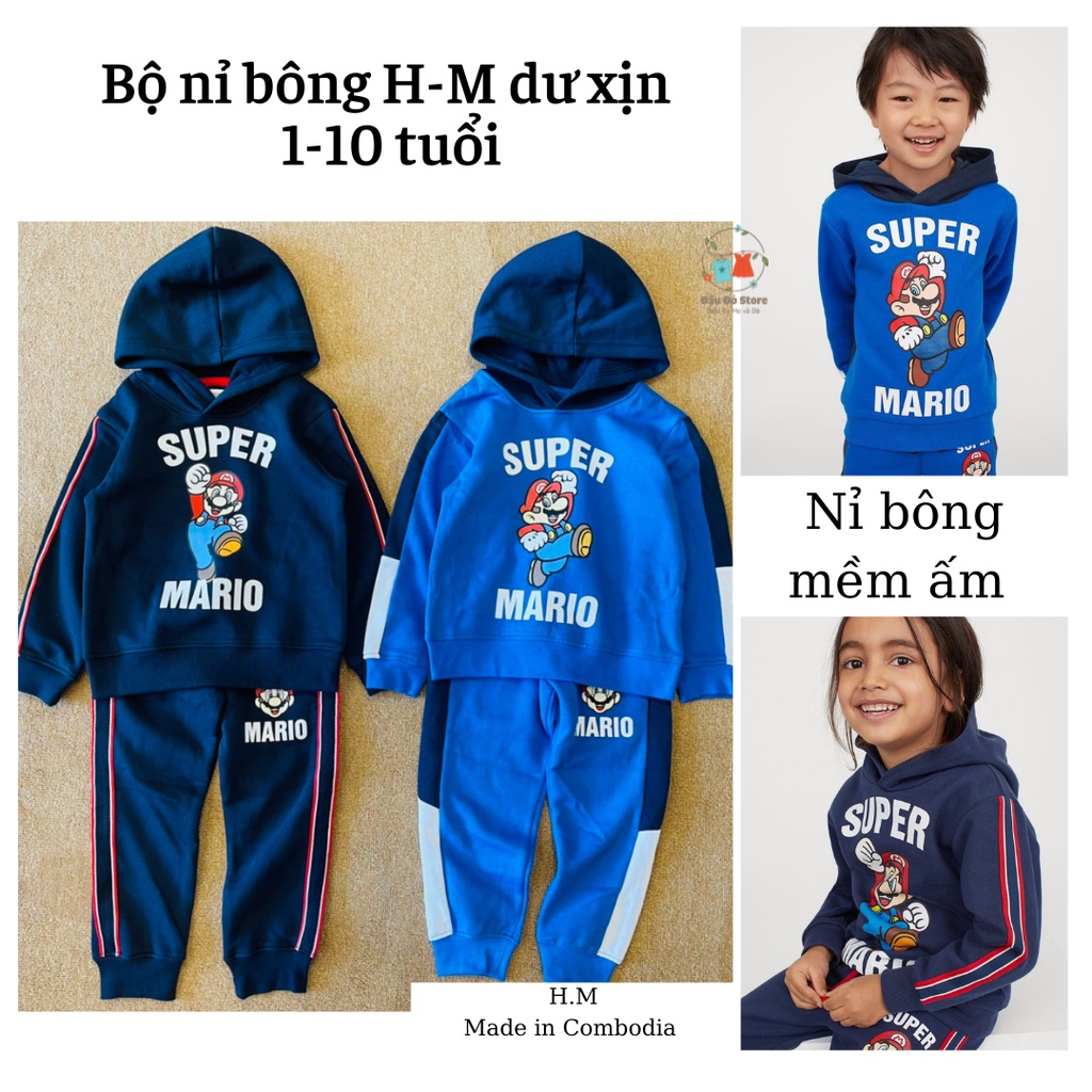 Bộ nỉ Bé Trai Bé Gái H.M MARIO size 1-10 tuổi chất nỉ bông dày ấm