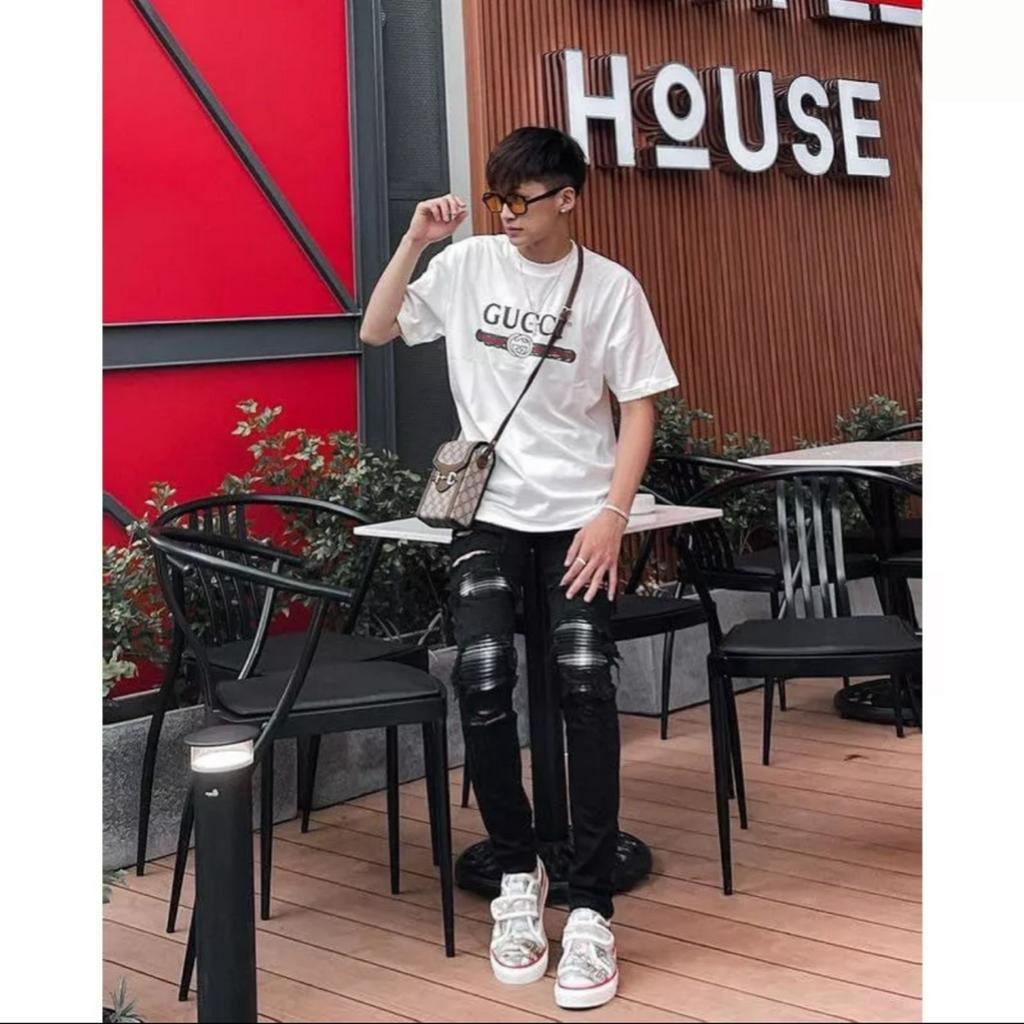 Quần jean bò nam Amiri skinny likeauth rách xù đùi gối vá vải nhăn sọc đen trắng 4 cúc cài mới 012