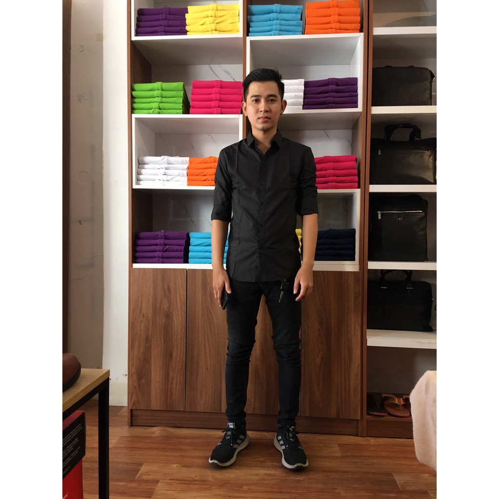 Áo sơ mi nam dài tay đen, vải lụa Thái không nhăn