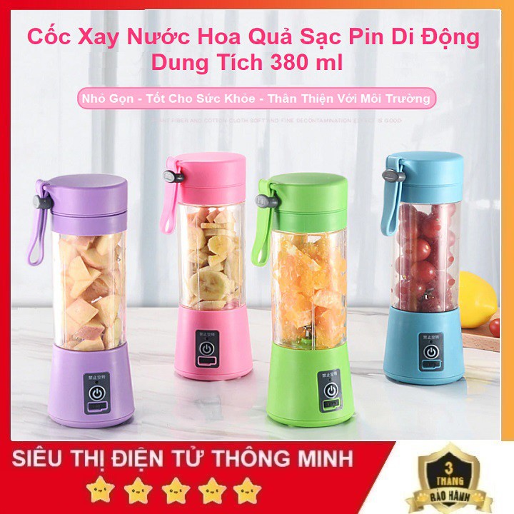 Máy Xay Sinh Tố Cầm Tay Mini Bảo Hành 6 Tháng Cốc Thủy Tinh - Dao 4 Lưỡi - Sạc Pin - Siêu Bền