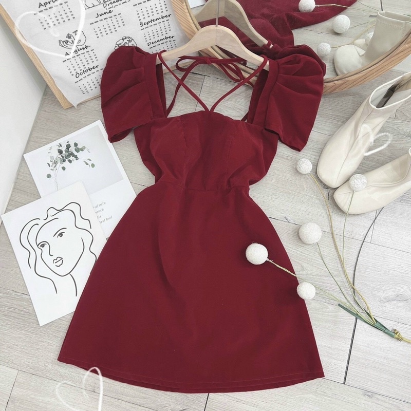 đầm nhung xoè tay tiên cập bến 2 màu