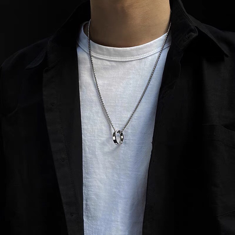 Dây chuyền titan sợi dệt ft nhẫn trơn vớt cạnh