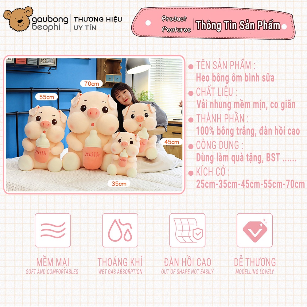 Gấu bông heo ôm bình sữa đủ size, nhiều cảm xúc, hàng cao cấp, quà tặng cho nhiều lứa tuổi shop Gấu Bông Béo Phì