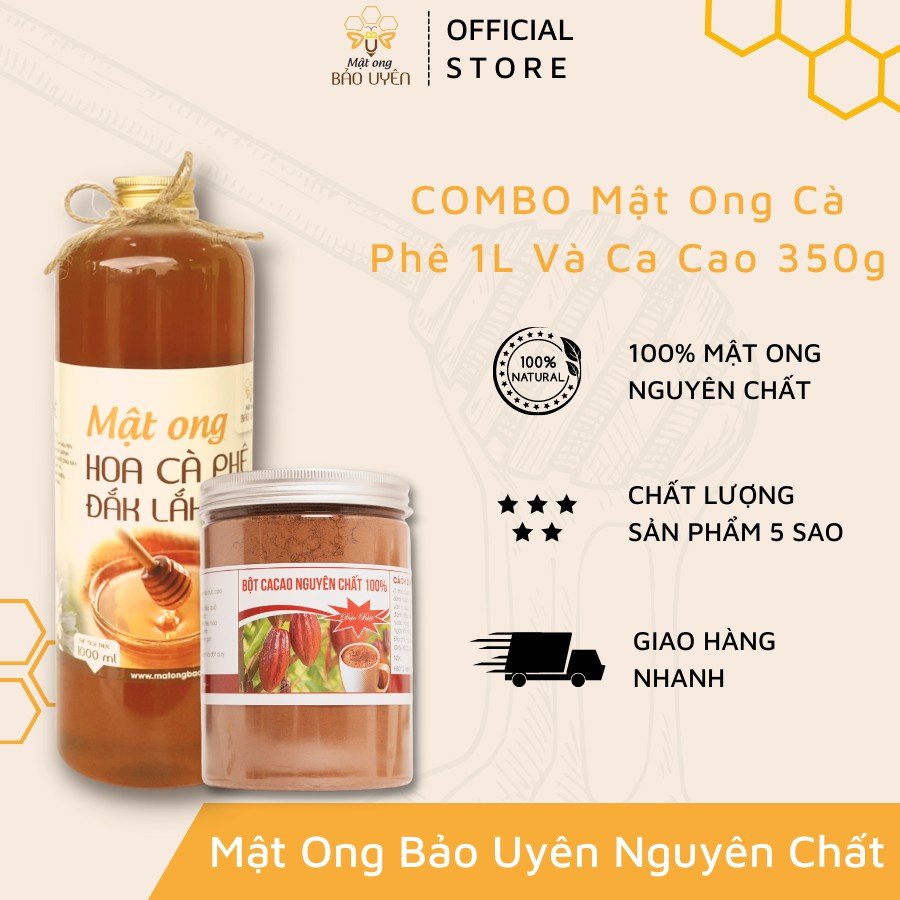 COMBO Mật Ong Nguyên Chất Hoa Cà Phê BẢO UYÊN 1 Lít và Bột Ca Cao Nguyên Chất Đắk Lắk 300g Giàu Chất Dinh Dưỡng