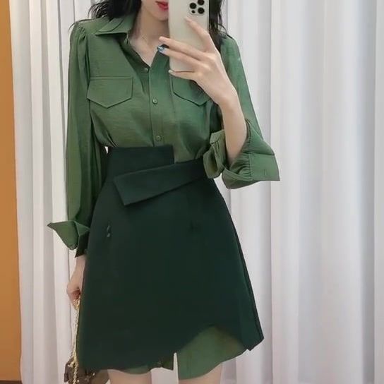 Bộ Áo Sơ Mi Lệch Tà Phối Chân Váy Kiểu Retro Thời Trang Mùa Thu Cho Nữ