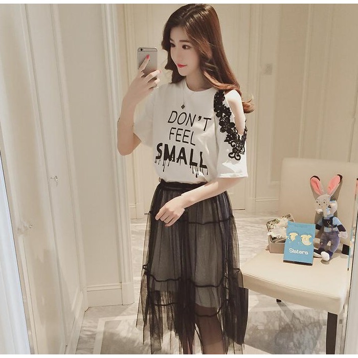 Set Áo Thun Tay Lỡ Hở Vai + Chân Váy Lưới Xẻ Tà Lưng Cao Dáng Dài Qua Gối Thời Trang Cho Nữ