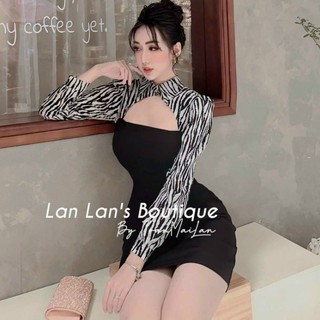 Đầm nữ dự tiệc cổ tròn khoét ngực kiểu dáng ôm tay dài họa tiết
