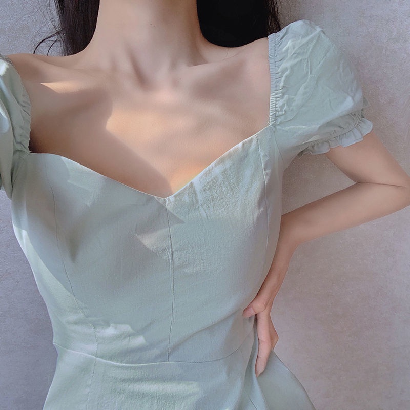 [MURIOKI] Đầm Dáng Chữ A Tay Phồng Cổ Chữ V Màu Xanh Lá Phong Cách Pháp Thanh Lịch Cho Nữ