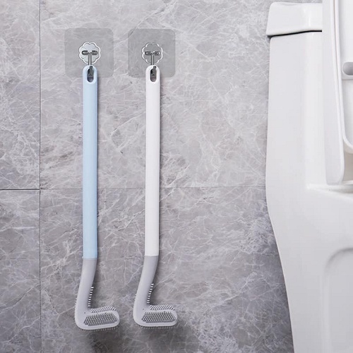 Chổi cọ bồn cầu toilet silicon hình chữ L thông minh có móc dán treo tường