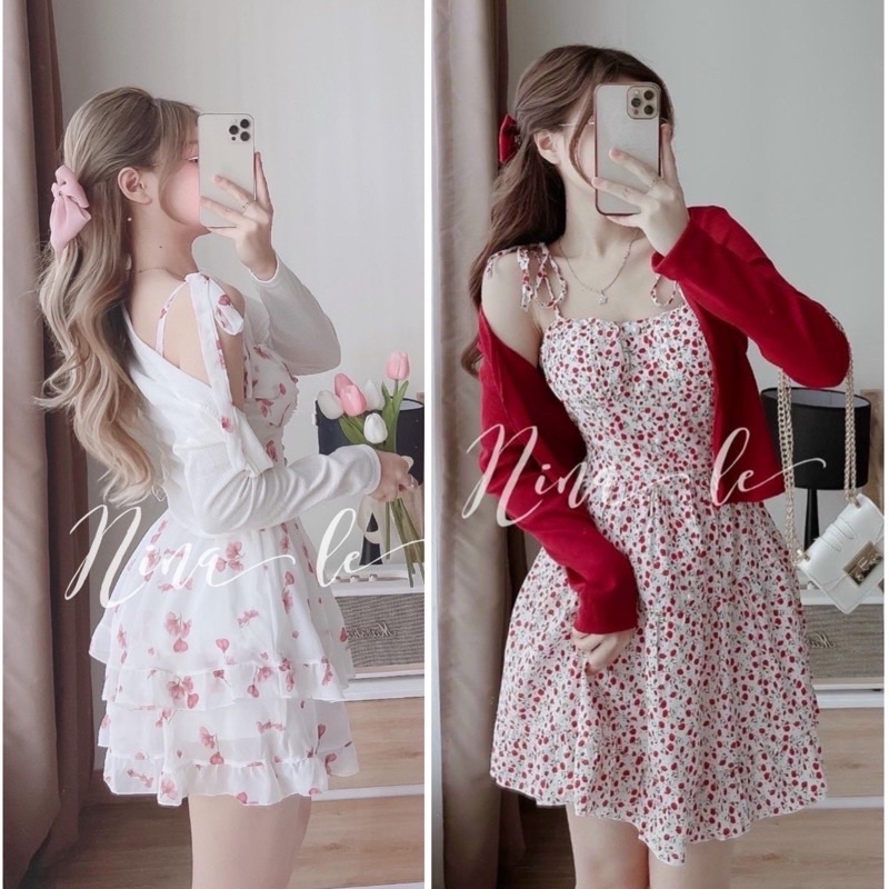 Set váy 2 dây hoa nhí kèm áo khoác thun gân, Váy 2 dây hoa nhí xếp ly ngực xinh lung linh